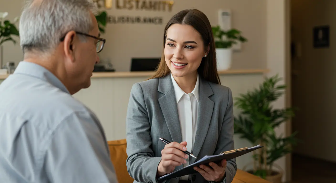 insurance broker explaining happily liability insurance to small business owner