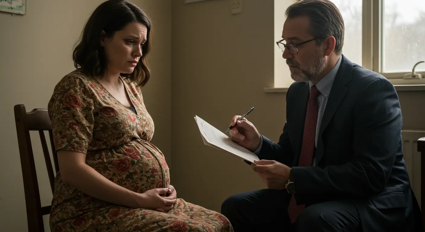 sad pregnant woman listening to insurance broker