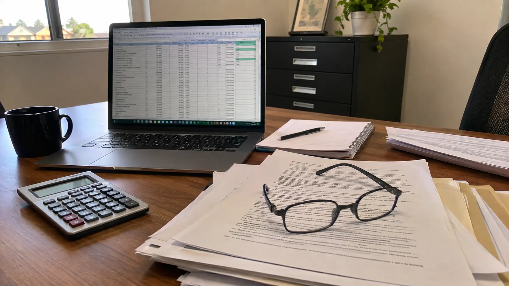 News 1 Insurance brokers Toowoomba office desk with laptop, policy documents, calculator, coffee cup and reading glasses in a professional workspace.